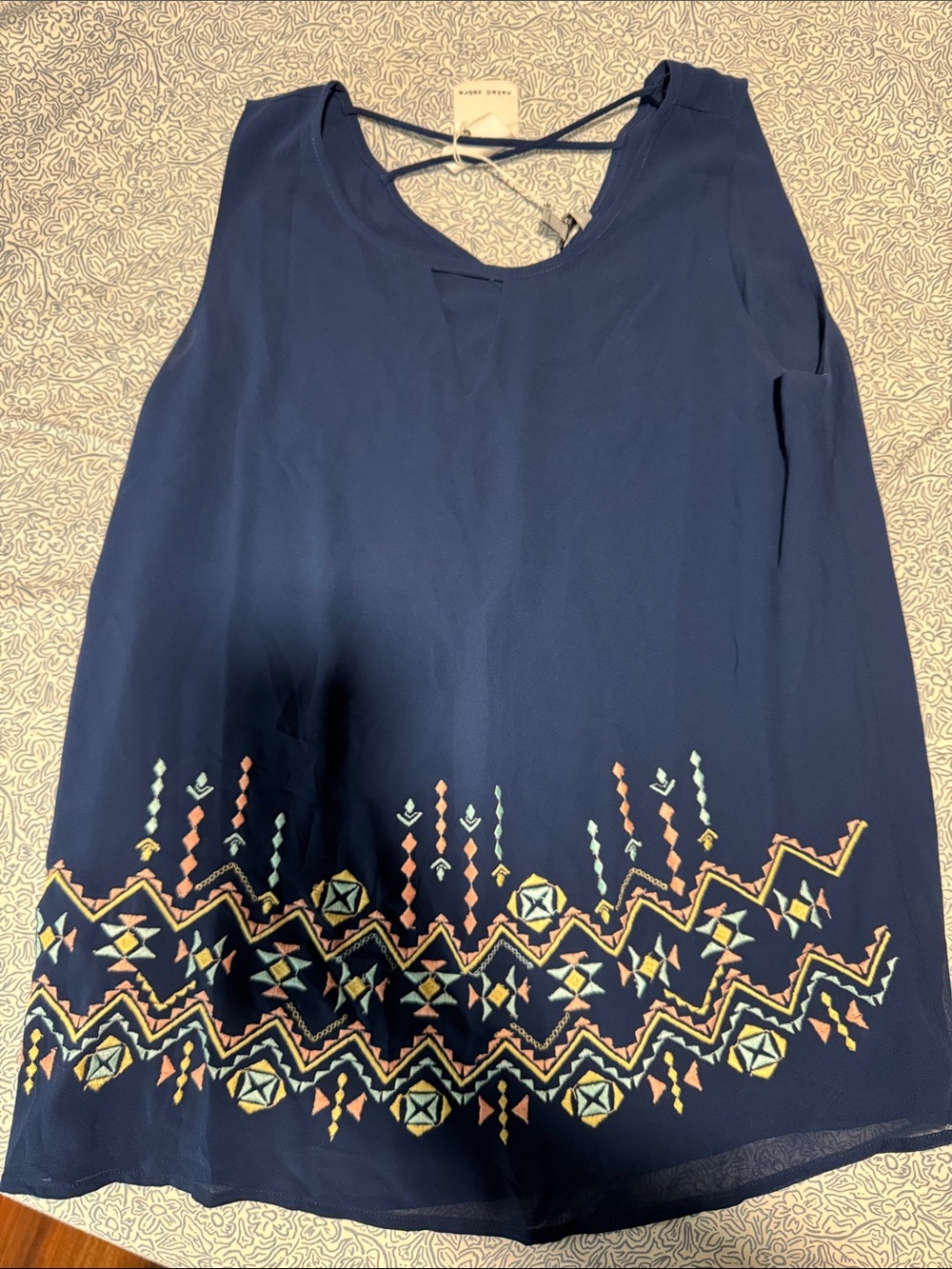 Naked Zebra Navy Blue Embroidered Hem Tank Top